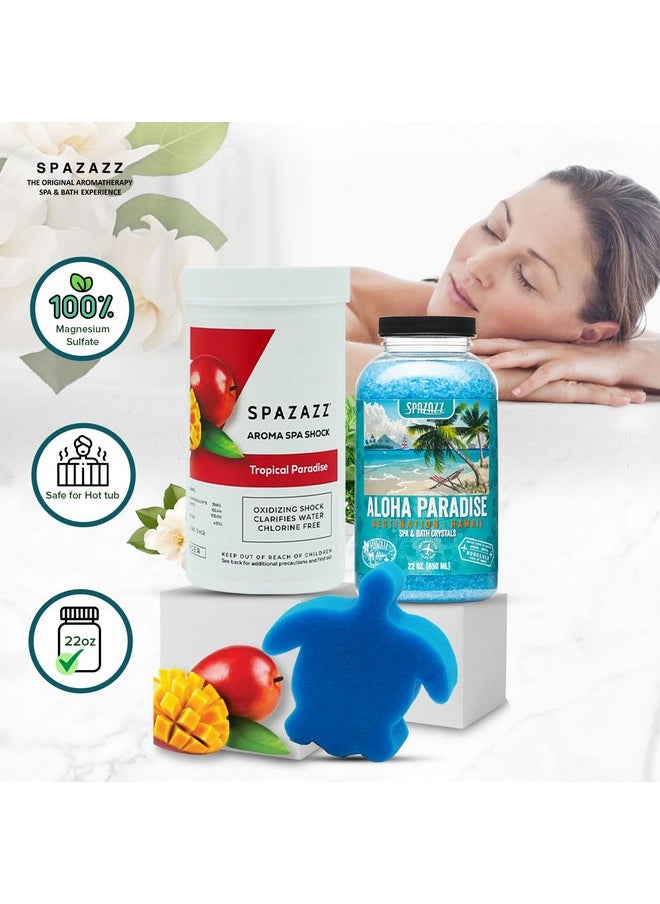 سبازاز ملح الاستحمام العلاجي بالروائح من Tropical Paradise Non Chlorine Spa Shock And Aloha Hawaii Paradise Hot Tub 22 أونصة وماء مؤكسد ومصفاة صدمات 35 أونصة مع ممتص للرغوة وكتاب العناية بحوض الاستحمام الساخن  - Image 2