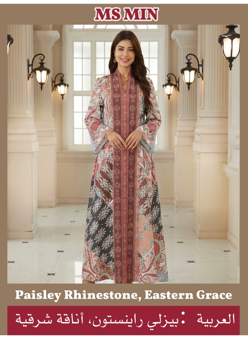 MS MIN Paisley Ethnic Print Abaya, V-Neck Loose Fit Breathable Maxi Dress with Rhinestone Detail, Casual Jalabiya for Home & Outing - Image 1