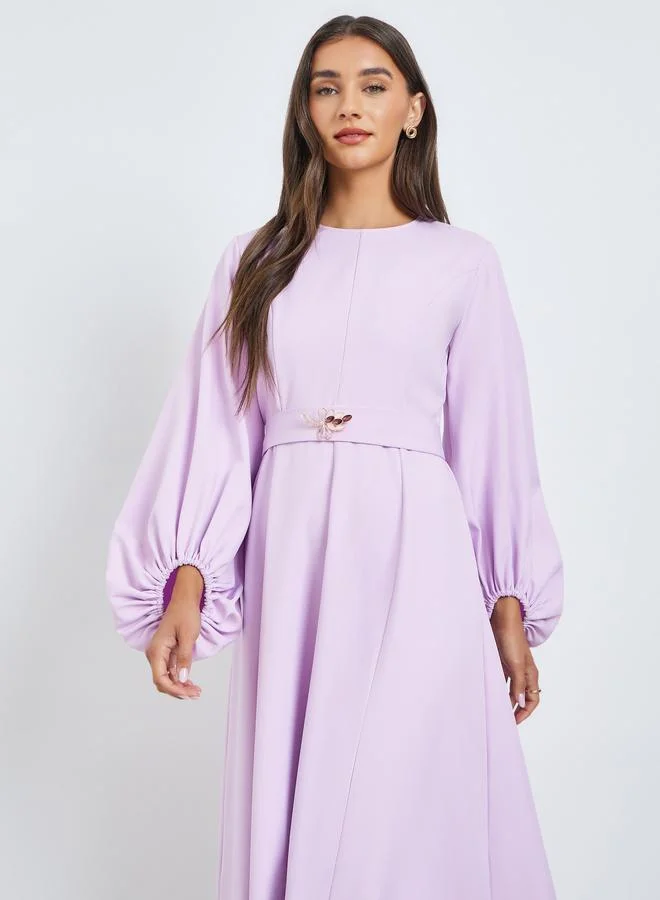 Styli  Lilac Balloon Sleeves A-Line Maxi Dress for Women | Best Price UAE