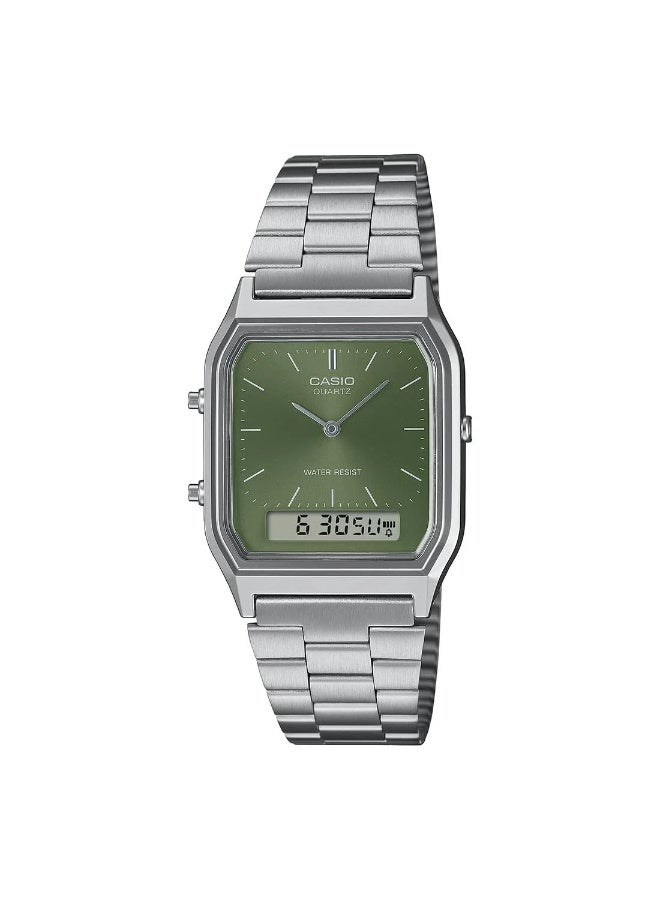 Casio Vintage Unisex Quartz Stainless Steel Green Dial Analog Digital Watch AQ-230A-3AMQYDF - Image 1
