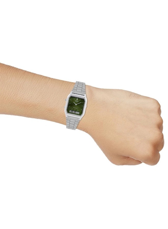 Casio Vintage Unisex Quartz Stainless Steel Green Dial Analog Digital Watch AQ-230A-3AMQYDF - Image 4