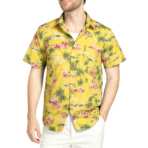 SSLR Mens Hawaiian Shirt Flamingos Casual Short Sleeve Button Down Shirts Aloha Shirt (Medium, Yellow) - Image 1
