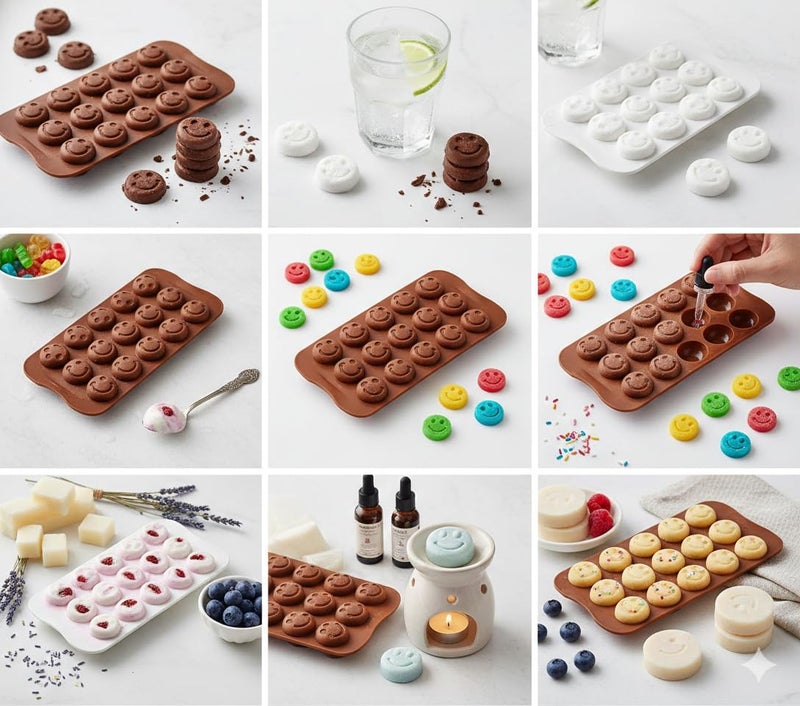 Arto 15-Cavity Smiley Face Silicone Chocolate Mould - Food Grade BPA Free Baking Tray for DIY Chocolates, Ice Cubes, Jelly, Soap & Cake Decoration | Heat Resistant, Easy Release, Brown - Image 4