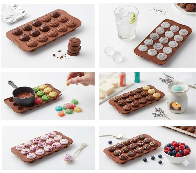 Arto 15-Cavity Smiley Face Silicone Chocolate Mould - Food Grade BPA Free Baking Tray for DIY Chocolates, Ice Cubes, Jelly, Soap & Cake Decoration | Heat Resistant, Easy Release, Brown - Image 2