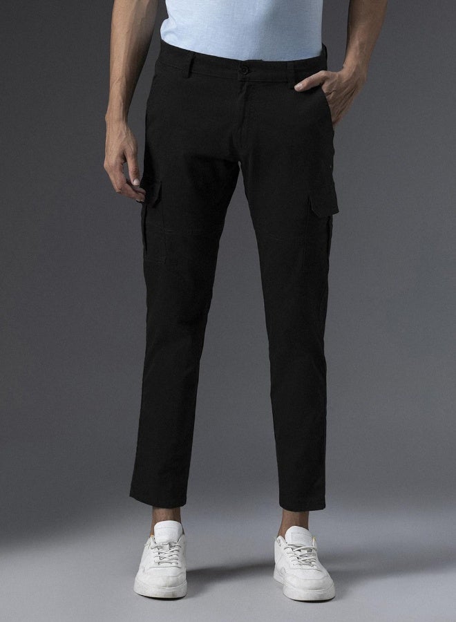 HIGH STAR Men's Black Cotton Blend Solid Pattern Full Length Cargo Regular Fit Trouser  - Image 1