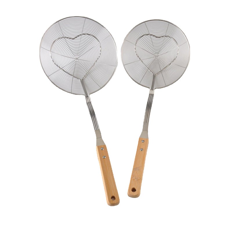 Commercial Grade Stainless Steel Frying Skimmer Spoon Set with Wooden Handle Oil Strainer Ladle Rust Resistant Kitchen Tool 3 Sizes - Image 1