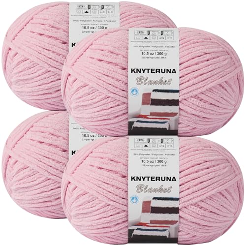 Knyteruna #6 Super Bulky Blanket Yarn for Crocheting - 4 Skeins(Each 10.5oz/300g, 220yds/201m), Chunky Chenille Thick Plush Big Soft Yarn for Crocheting Knitting Blankets, Pink - Image 1