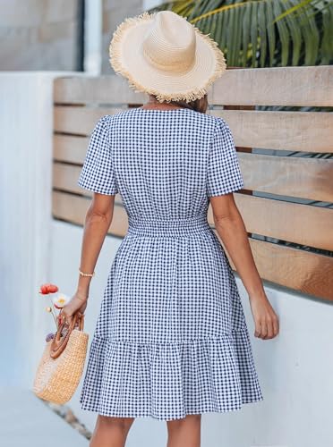 popvil Women Summer Mini Gingham Dress 2026 Spring A Line Casual Sun Dress Short Sleeve Beach Vacation Boho V Neck Short Dress Resort Work(Dark Blue,Small) - Image 3