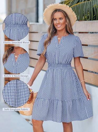 popvil Women Summer Mini Gingham Dress 2026 Spring A Line Casual Sun Dress Short Sleeve Beach Vacation Boho V Neck Short Dress Resort Work(Dark Blue,Small) - Image 5