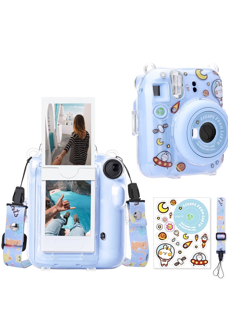O Ozone Crystal Clear Camera Case For Fujifilm Mini 12 Instant Camera, Hard PC Cover with Adjustable Strap and Pocket & Decorative sticker - Blue  - Image 1
