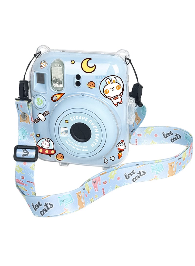 O Ozone Crystal Clear Camera Case For Fujifilm Mini 12 Instant Camera, Hard PC Cover with Adjustable Strap and Pocket & Decorative sticker - Blue  - Image 2