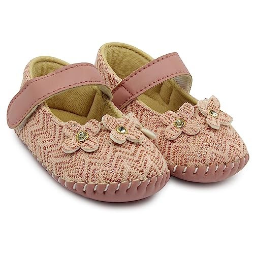 Neska Moda 6 To 12 Months Baby Girls Synthetic Leather Floral Hook & Loop Sandal Booties (Peach)-BT1895 - Image 1