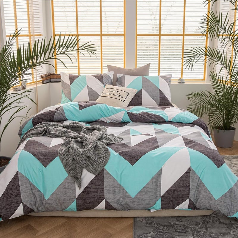 Bedbay Bedbay Teal Comforter Queen Size Turquoise Teal Queen Bed Set Geometric Chevron Teal and Grey Bedding Set Western Comforter 3 Pcs Lightweight Down Alternative Comforter for Girls Teen Men Women