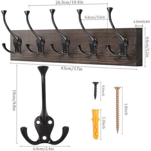 IBosins 2 Pack Coat Rack Wall Mount, 17'' Old Wood Color Coat Hanger, Rustic Wooden Metal Coat Hooks Rail for Entryway Living Room Coat Jacket Scarf Bag Towel Hat - Image 2
