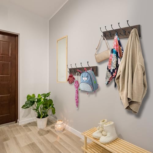 IBosins 2 Pack Coat Rack Wall Mount, 17'' Old Wood Color Coat Hanger, Rustic Wooden Metal Coat Hooks Rail for Entryway Living Room Coat Jacket Scarf Bag Towel Hat - Image 4
