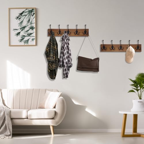 IBosins 2 Pack Coat Rack Wall Mount, 17'' Old Wood Color Coat Hanger, Rustic Wooden Metal Coat Hooks Rail for Entryway Living Room Coat Jacket Scarf Bag Towel Hat - Image 5