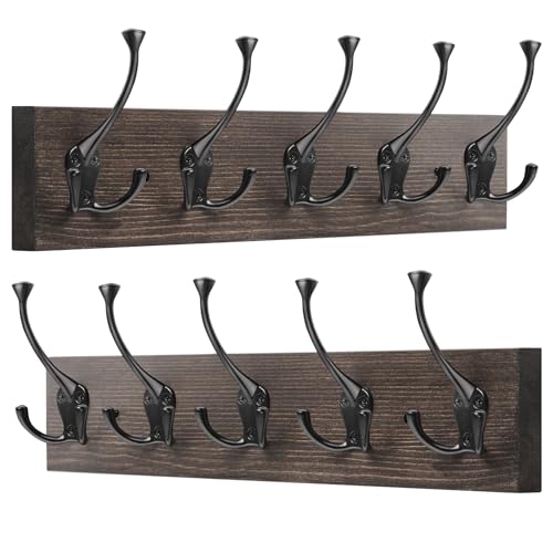 IBosins 2 Pack Coat Rack Wall Mount, 17'' Old Wood Color Coat Hanger, Rustic Wooden Metal Coat Hooks Rail for Entryway Living Room Coat Jacket Scarf Bag Towel Hat - Image 1