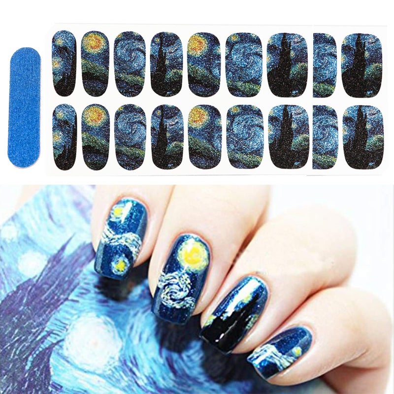 Bluezoo 3D Van Gogh's Starry Night Fullnail Stickers, Full Nail Starry Sky Art Gel Nail Polish Sticker Decals, Shimmery Glittery, Long Lasting, Easy to Apply & Remove - 2 Sheets(28 Nail Wraps) and 1 File - Image 1
