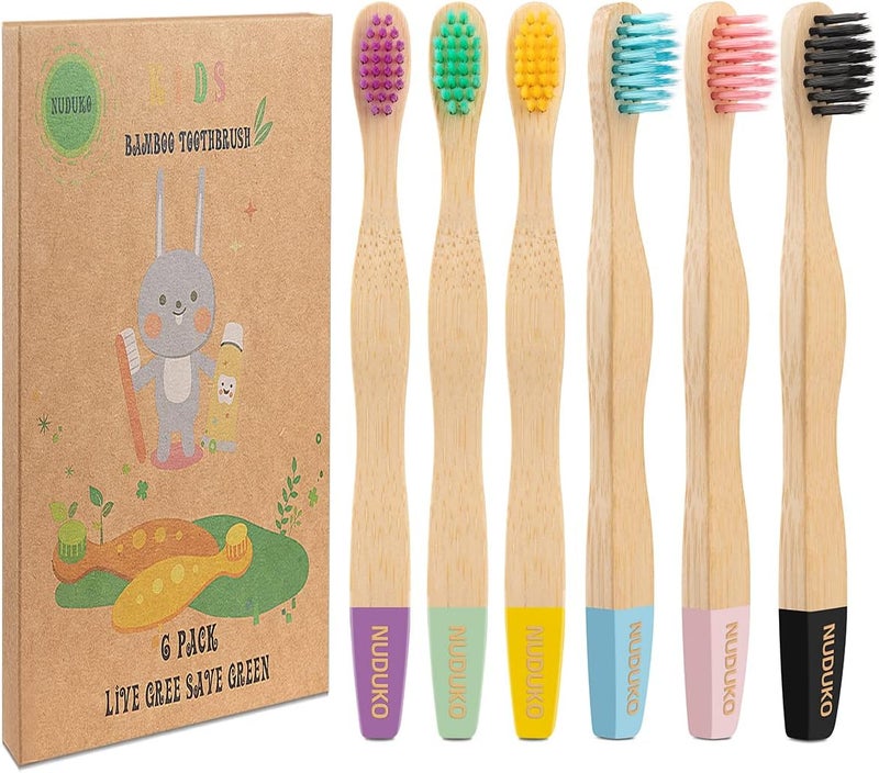 NUDUKO Kids Toothbrush Bamboo Toothbrushes 6 Pack - Organic Compostable Tooth Brush Wooden Baby Toddler Toothbrush, Eco-Friendly Natural Biodegradable Soft Bristle Toothbrush for Children - Image 1