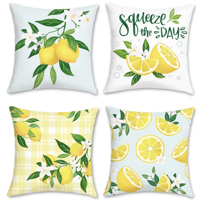 LEMON THROW PILLOW COVERS 18 X 18 INCH SET OF 4 SUMMER FRUIT FARMHOUSE DECORATIVE PILLOWS CASE SOFT VELVET CUSHION COVERS FOR COUCH SOFA PATIO GARDEN HOME DECOR