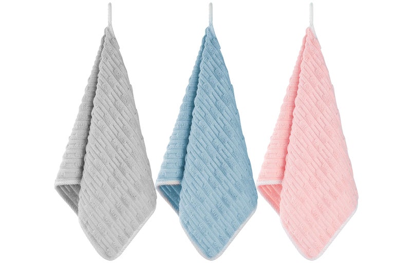 Bedvcaty Bathroom Towels Set - 3 Pack - 14 x 29 Inches Lightweight Small Extra-Absorbent Face Cloths and Soft Stripe Fingertip Towel for Bathroom, Guest Room, Children (Grey+Blue+Pink) - Image 1
