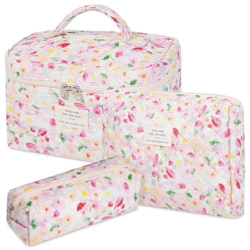 senbowe Floral Makeup Bag 3 Pack Large Cotton Quilted Makeup Bag Set Cute Floral Coquette Aesthetic Toiletry Bag Make Up Cosmetic Bag for Women Toiletry Travel Make Up Organizer Bag - Image 1