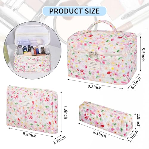 senbowe Floral Makeup Bag 3 Pack Large Cotton Quilted Makeup Bag Set Cute Floral Coquette Aesthetic Toiletry Bag Make Up Cosmetic Bag for Women Toiletry Travel Make Up Organizer Bag - Image 3