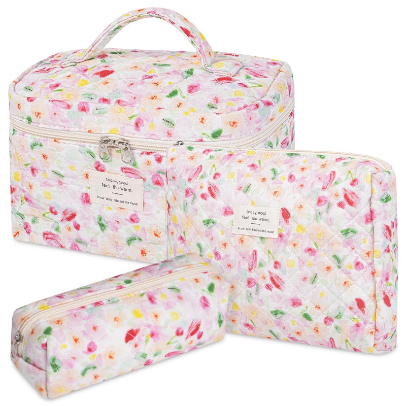 senbowe Floral Makeup Bag 3 Pack Large Cotton Quilted Makeup Bag Set Cute Floral Coquette Aesthetic Toiletry Bag Make Up Cosmetic Bag for Women Toiletry Travel Make Up Organizer Bag - Image 2