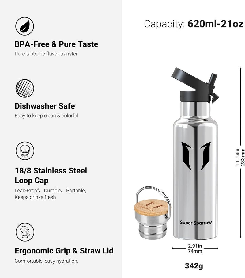 Stainless Steel Water Bottle -620ml- Vacuum Insulated Metal Water Bottle - Standard Mouth Flask - BPA Free - Ideal Straw Water Bottle for Work, Gym, Travel, Sports - Image 3