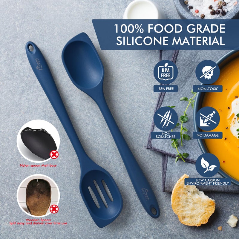 HOTEC 446Â°F Heat Resistant Silicone Cooking Spoon Spatula, BPA Free Large Kitchen Solid and Slotted Spoons for Mixing, Serving, Scraping, Non-stick, Dishwasher Safe Classic Blue 12.5inch - Image 3