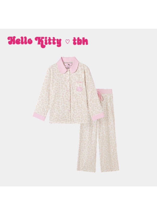 Tbh o Kitty Cotton Flannel Homewear Set Autumn Winter Wearable Pajamas Women Cream Leopard Print Xs