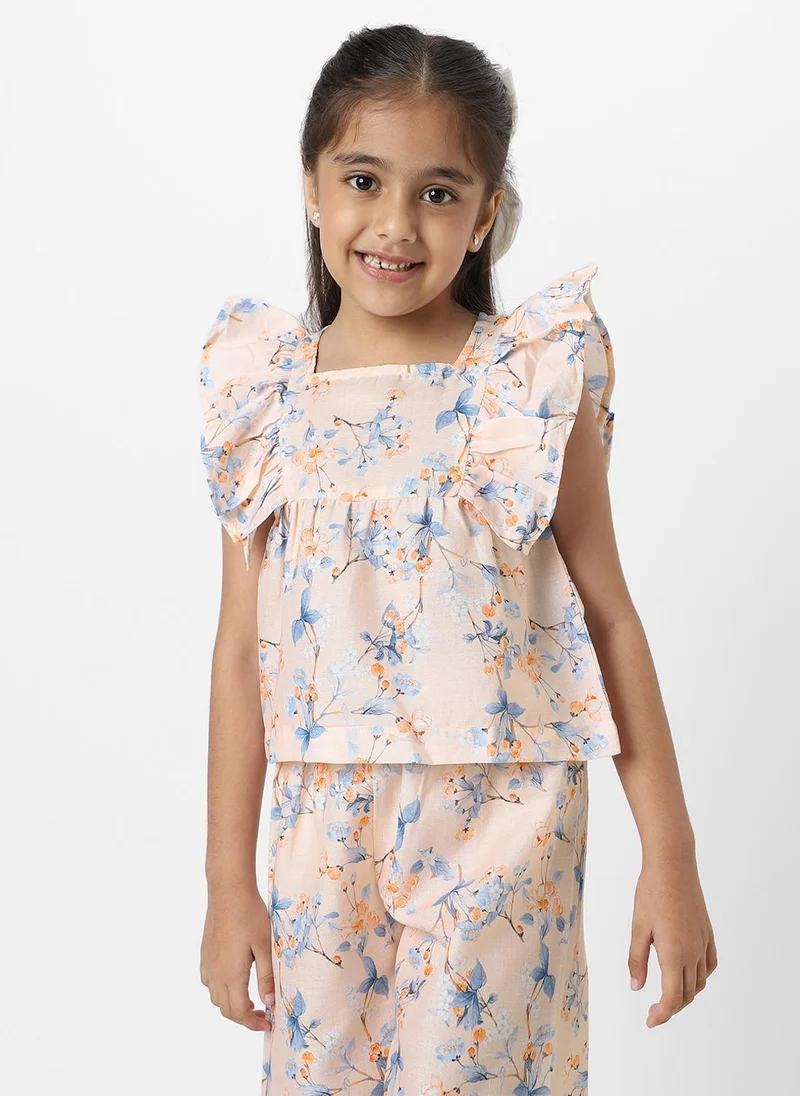 Nautinati  Nautinati Girls' Peach Linen Combo Set of Floral Printed Frill Sleeve Top and Matching Full Length Bottom for Women | Best Price UAE