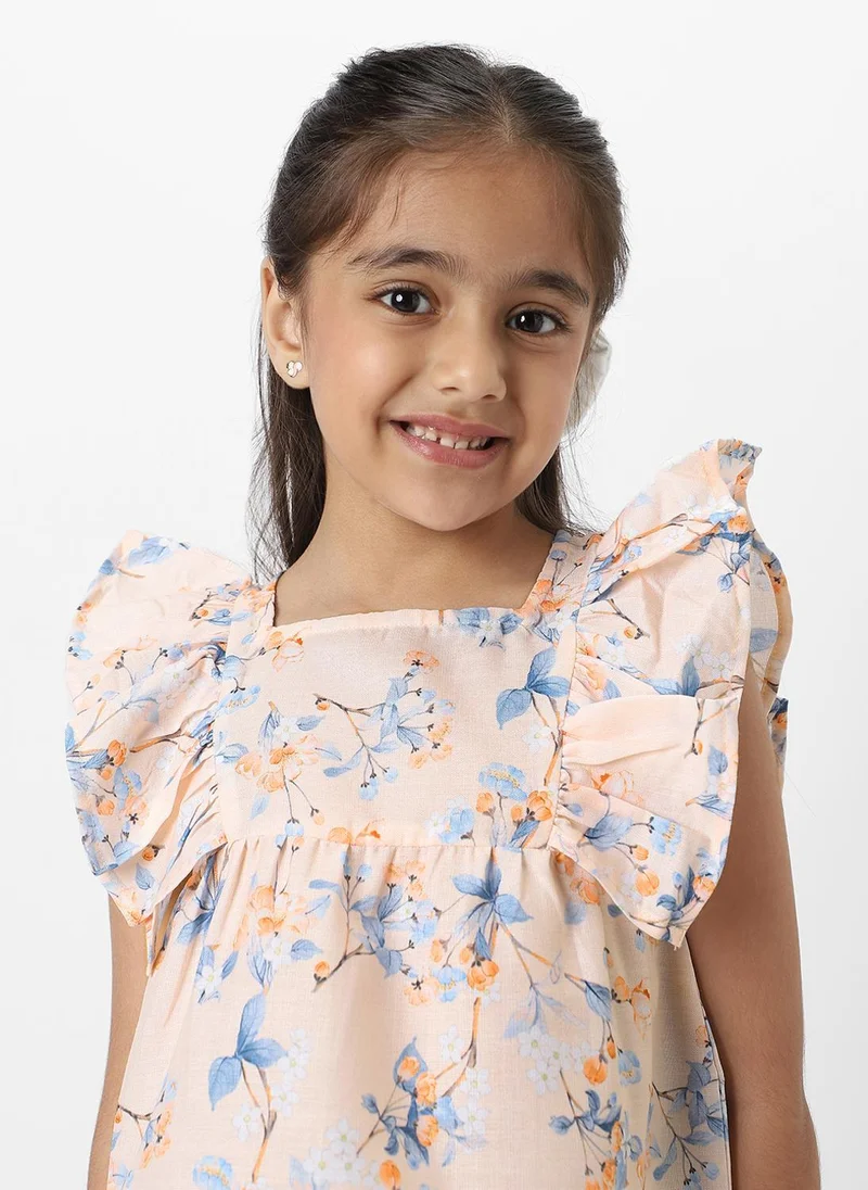 Nautinati  Nautinati Girls' Peach Linen Combo Set of Floral Printed Frill Sleeve Top and Matching Full Length Bottom for Women | Best Price UAE