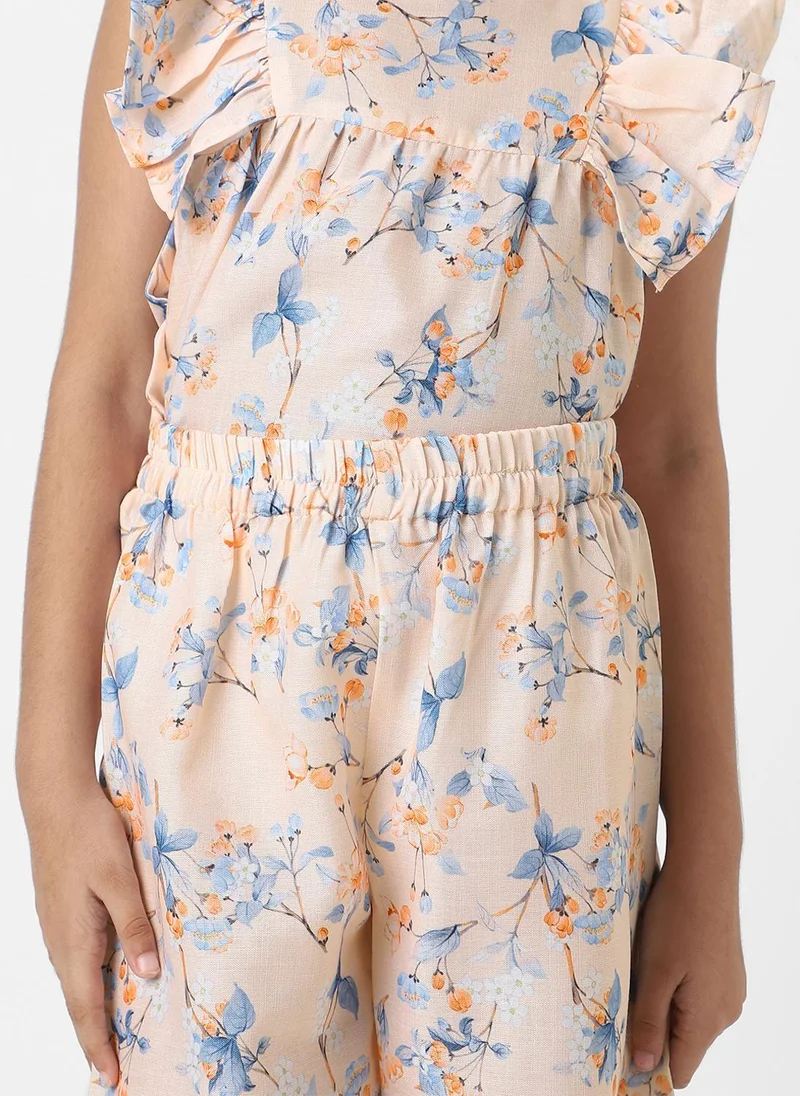 Nautinati  Nautinati Girls' Peach Linen Combo Set of Floral Printed Frill Sleeve Top and Matching Full Length Bottom for Women | Best Price UAE