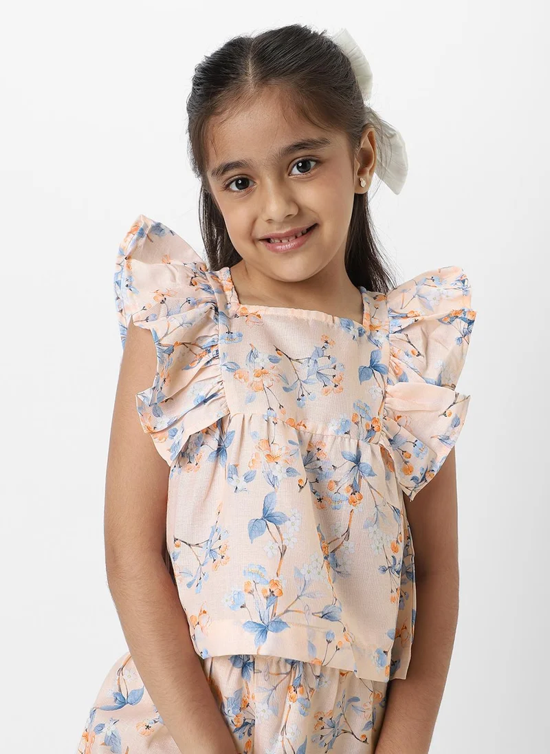 Nautinati  Nautinati Girls' Peach Linen Combo Set of Floral Printed Frill Sleeve Top and Matching Full Length Bottom for Women | Best Price UAE