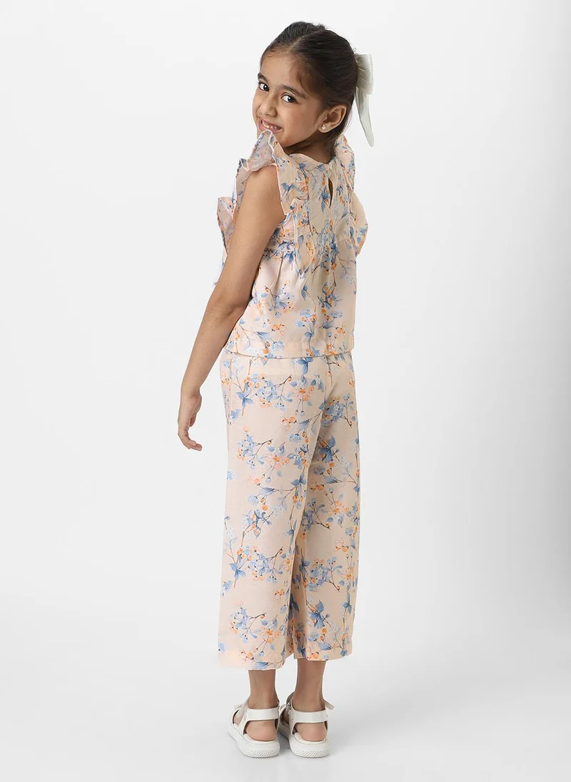 Nautinati  Nautinati Girls' Peach Linen Combo Set of Floral Printed Frill Sleeve Top and Matching Full Length Bottom for Women | Best Price UAE