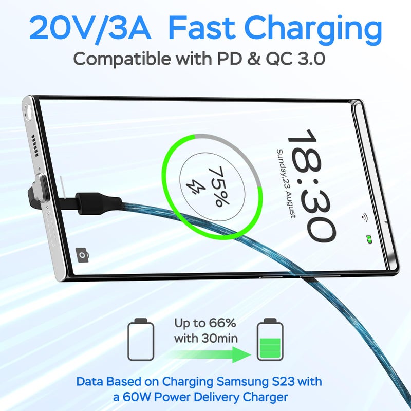 DbillionDa USB C Charger Cable, 60W 6ft Type C Charging Cable, Flat 90-Degree C-Port, High-Speed Data Transfer Compatible with Samsung S23/S22/S21, iPhone 15 Pro/Pro Max, MacBook Air/Pro, etc. - Image 3