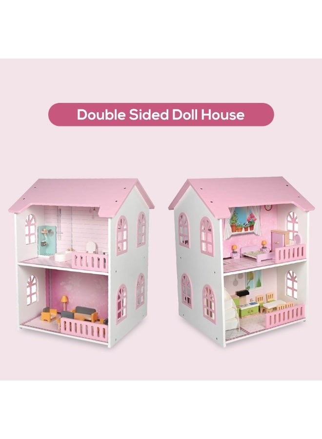 Little Story بيت الدمى الخشبي من ليتل ستوري فيلا بطابقين مع أثاث وإكسسوارات - وردي - Image 4