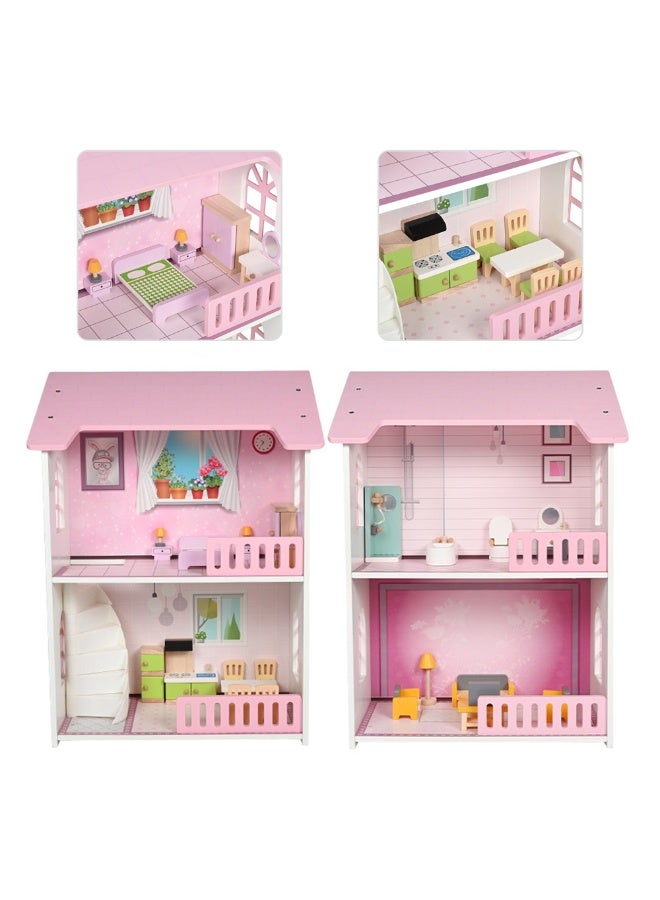 Little Story بيت الدمى الخشبي من ليتل ستوري فيلا بطابقين مع أثاث وإكسسوارات - وردي - Image 2