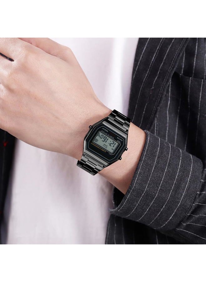 Vigoroso Men Lady Vintage Retro Gold Stainless Steel Digital Casual Watch Alarm Stopwatch, All Black, Sport - Image 4