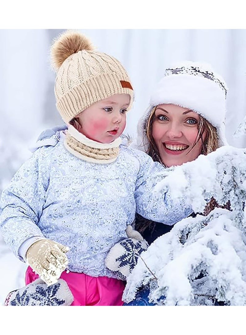 CMGTYYD. طقم قفازات وشاح قبعة أطفال، طقم قفازات وشاح قبعة شتوية للأطفال مع قبعة صغيرة للأطفال مع قبعة شتوية للأطفال مع صوف سميك ودافئ ومبطن للرقبة مبطنة من الصوف السميك والمحبوك لأعمار 2-6 سنوات، بيج - Image 3