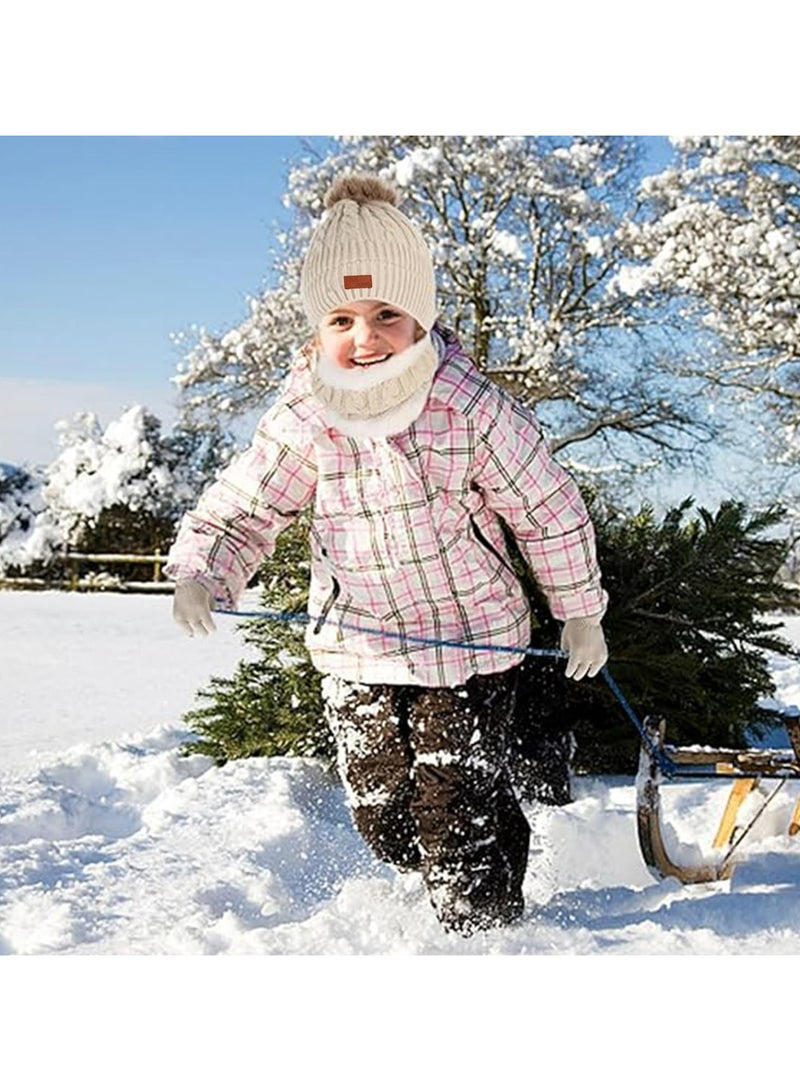 CMGTYYD. طقم قفازات وشاح قبعة أطفال، طقم قفازات وشاح قبعة شتوية للأطفال مع قبعة صغيرة للأطفال مع قبعة شتوية للأطفال مع صوف سميك ودافئ ومبطن للرقبة مبطنة من الصوف السميك والمحبوك لأعمار 2-6 سنوات، بيج - Image 2