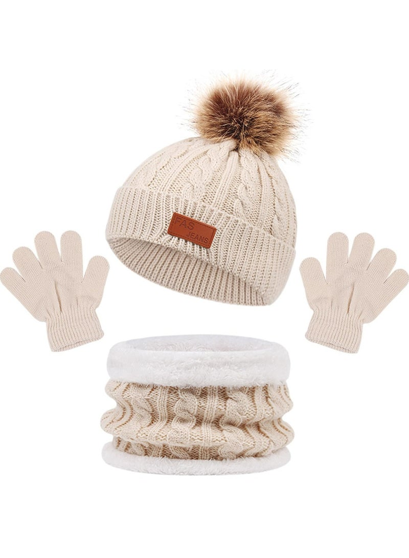 CMGTYYD. طقم قفازات وشاح قبعة أطفال، طقم قفازات وشاح قبعة شتوية للأطفال مع قبعة صغيرة للأطفال مع قبعة شتوية للأطفال مع صوف سميك ودافئ ومبطن للرقبة مبطنة من الصوف السميك والمحبوك لأعمار 2-6 سنوات، بيج - Image 1