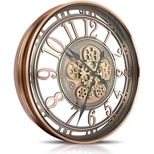 DORBOKER Real Moving Gears Wall Clock Large Modern Metal Clocks for Living Room Decor Industrial Steampunk Unique Vintage Rustic Decorative Clock for Home Farmhouse Office 30 Inch Red Copper Arabic - Image 1