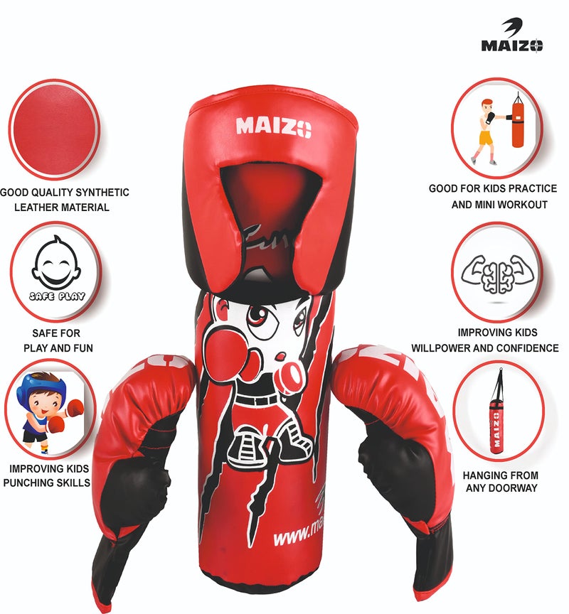 MAIZO Kids Junior Boxing Set with Punching Bag/Pair of Gloves and Head Guard Suitable for 5 to 12 Years Children Boxing Kit (Red Black) - Image 2