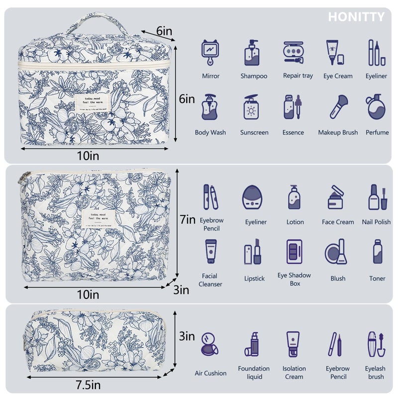 honitty Makeup Bag,Quilted Cosmetic Bags,Large Floral Make Up Organize bag,Makeup Bag Set for Women,Flower Travel Toiletry Bag - Image 2