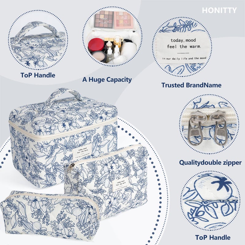 honitty Makeup Bag,Quilted Cosmetic Bags,Large Floral Make Up Organize bag,Makeup Bag Set for Women,Flower Travel Toiletry Bag - Image 3