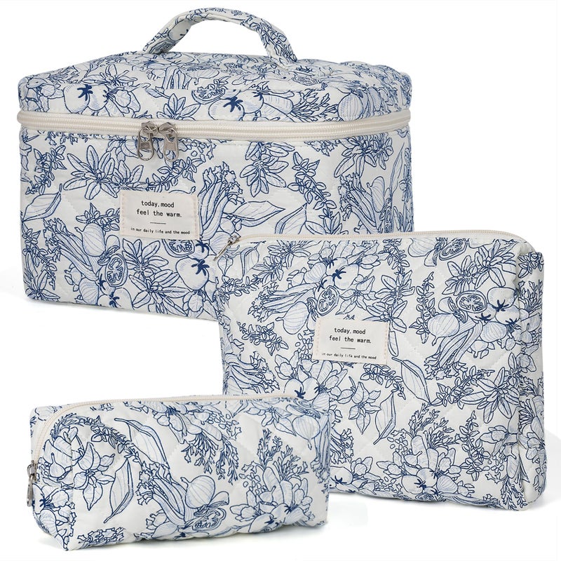 honitty Makeup Bag,Quilted Cosmetic Bags,Large Floral Make Up Organize bag,Makeup Bag Set for Women,Flower Travel Toiletry Bag - Image 1