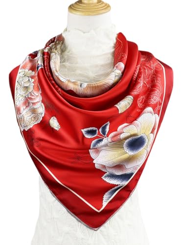 vabovin Silk Like Head Scarf 35 x 35 Square Hair Scarves Women Headscarf for Sleeping Red Light Yellow Flower Pattern - Image 3
