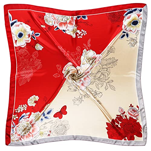 vabovin Silk Like Head Scarf 35 x 35 Square Hair Scarves Women Headscarf for Sleeping Red Light Yellow Flower Pattern - Image 1